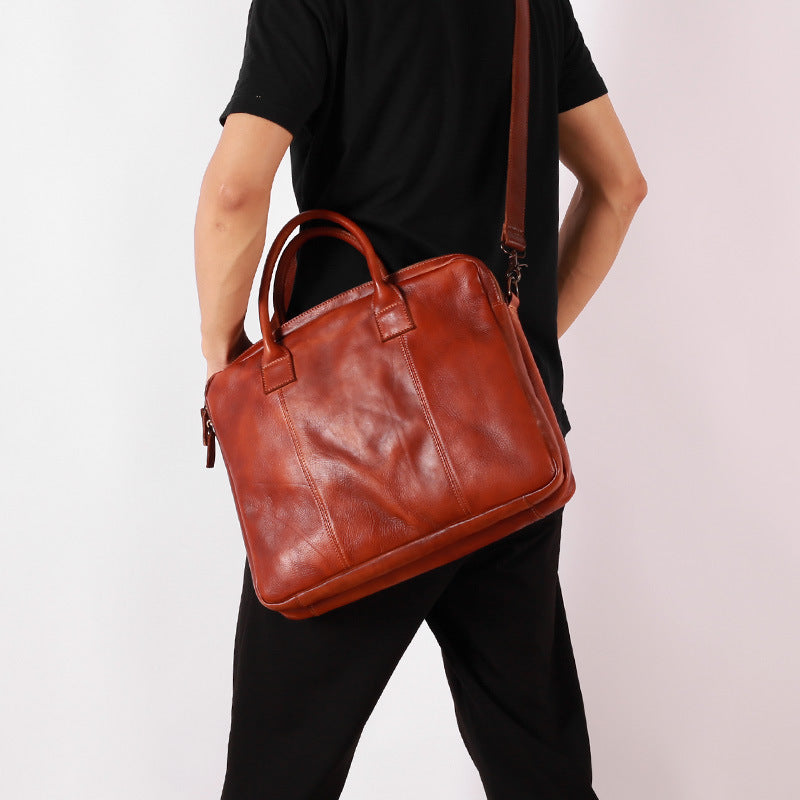 Vegetable Tanning Leather Large Briefcase,Business Laptop Handle Bag