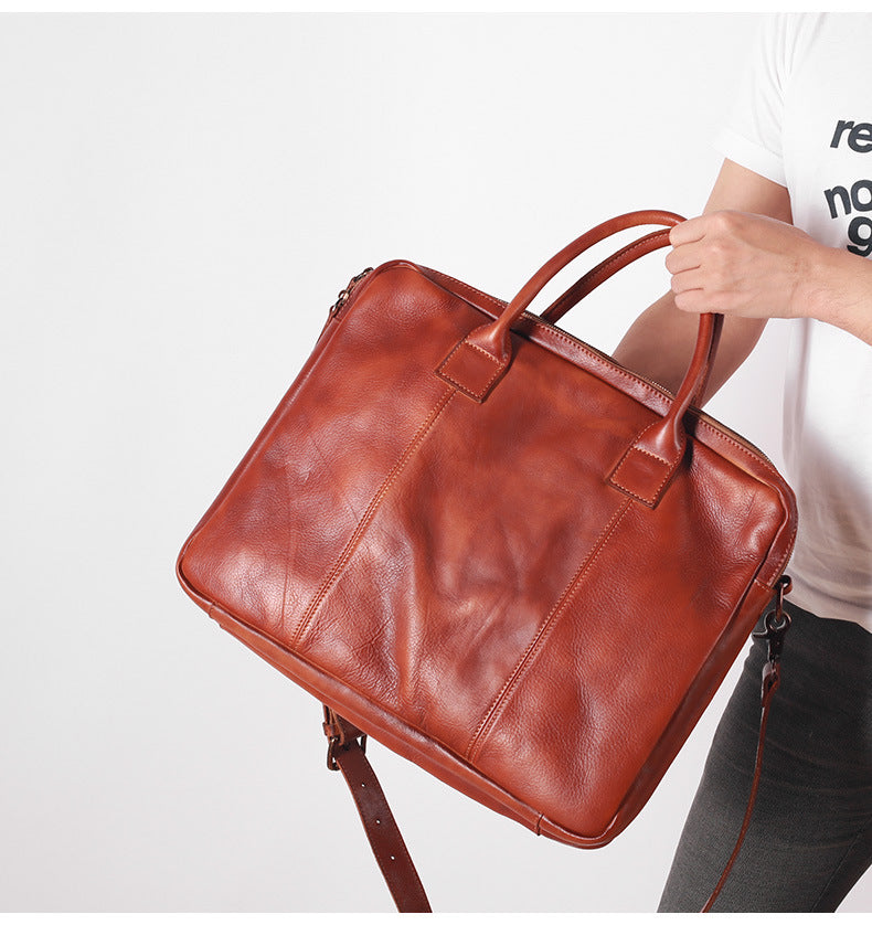 Vegetable Tanning Leather Large Briefcase,Business Laptop Handle Bag