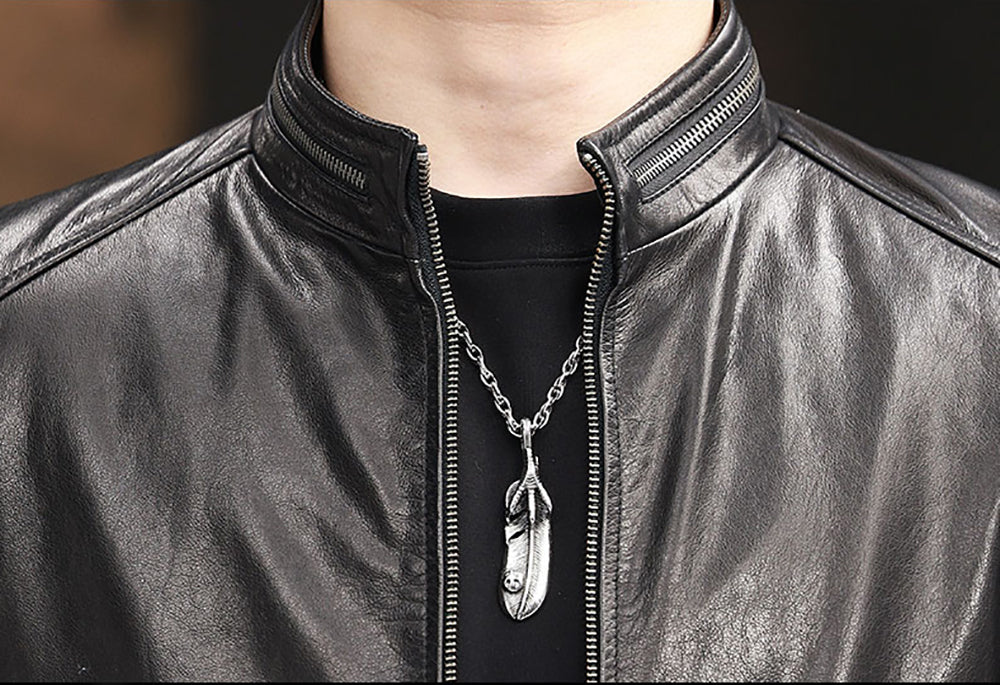 alt
Giacca in pelle, giacca corta da uomo in pelle con colletto Nehru e zip, moda maschile