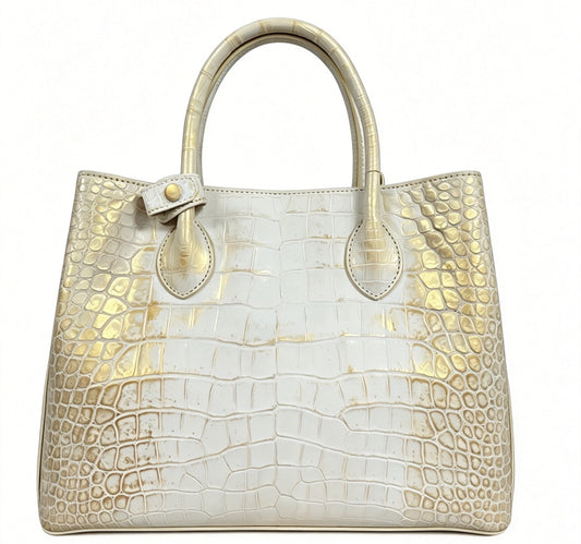 alt
Borsa da donna con manico superiore in vera pelle di coccodrillo bianca e finitura oro spazzolato