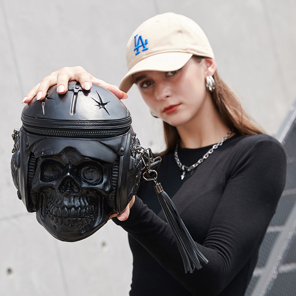 Zaino 3D, borsa fashion con teschio 3D, casco e cuffie, con manico e tracolla