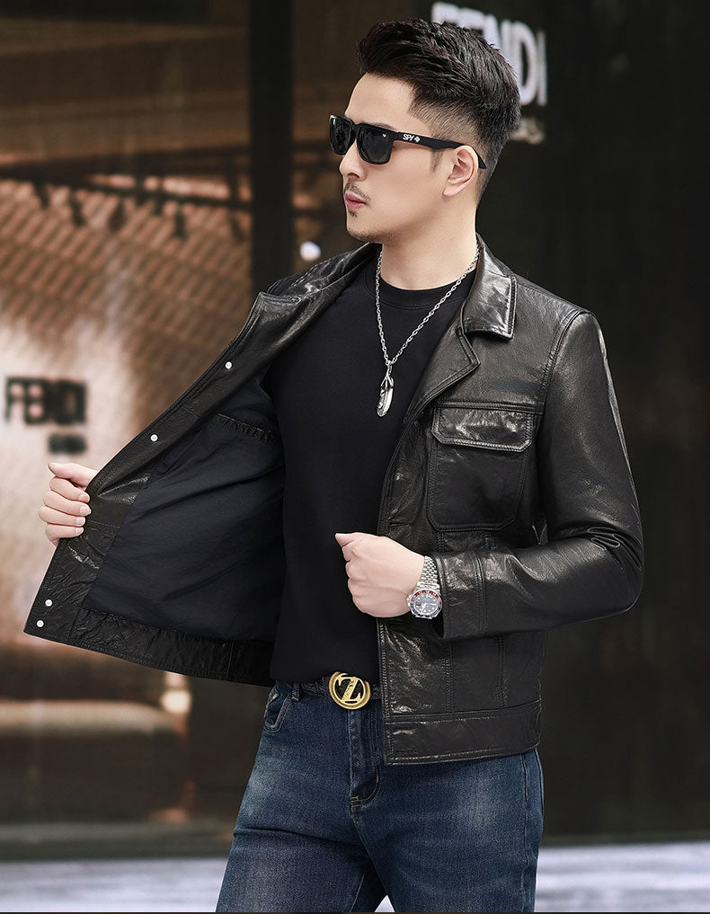 Notch Lapel Collar Leather Jacket,Button Fastening Men Calfskin Leather Jacket