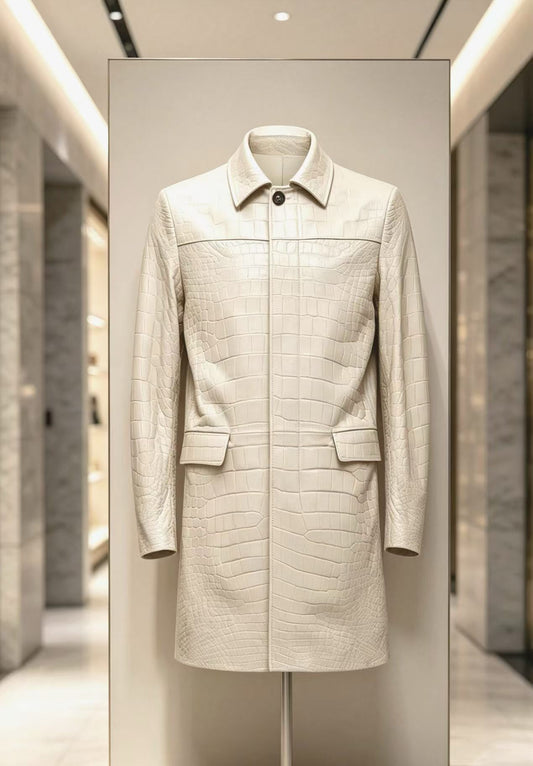 Cappotto lungo da uomo in pelle bianca di coccodrillo firmato Rossie Viren, con un elegante motivo testurizzato effetto coccodrillo e una vestibilità sartoriale.