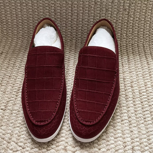 Mocassini uomo in pelle di coccodrillo nabuk, modello slip-on eleganti, molto comodi, rosso vino
