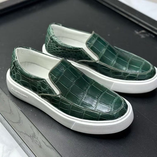Sneakers casual slip-on da uomo effetto coccodrillo verde scuro