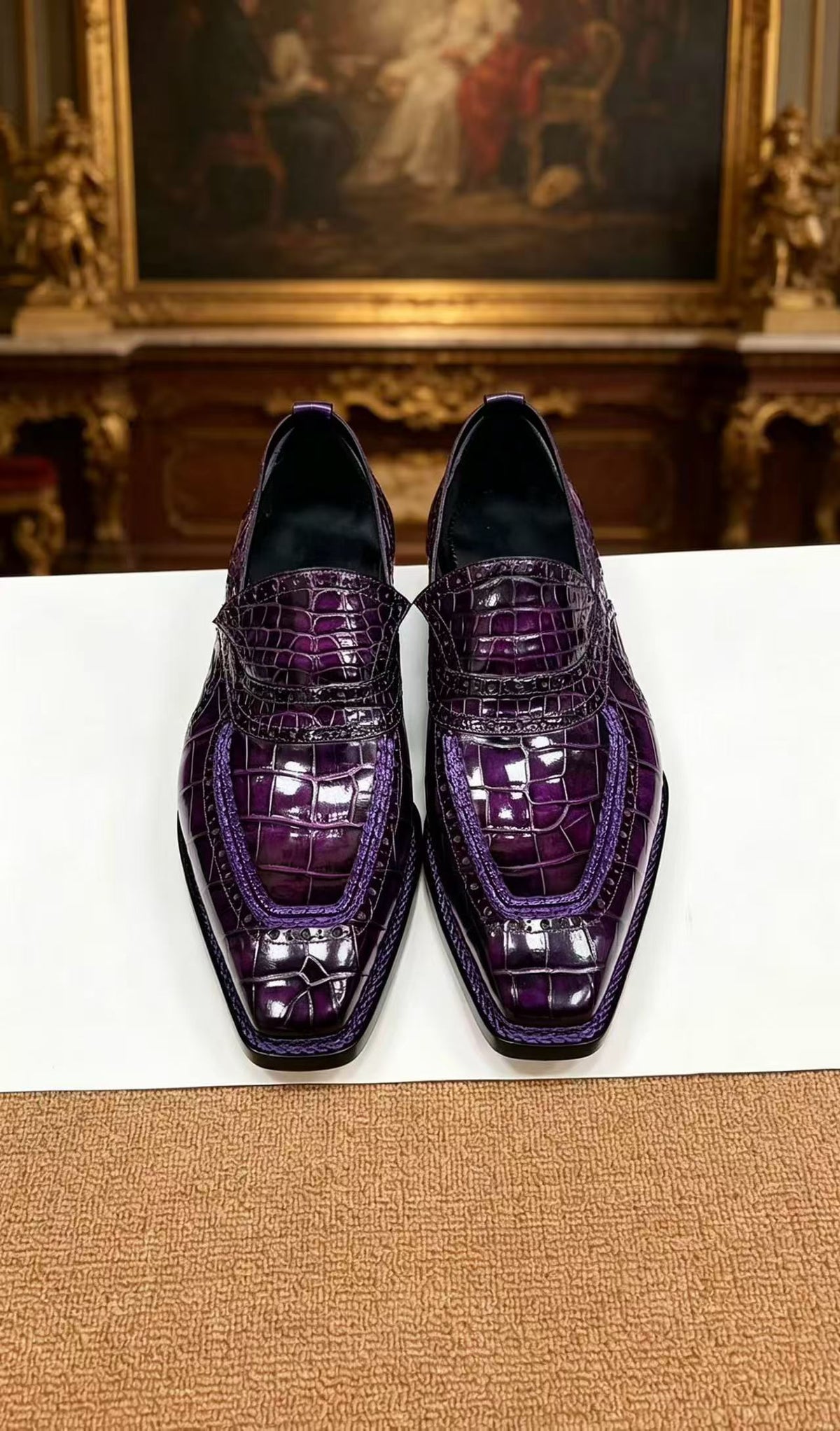 Crocodile Shoes, Crocodile Leather Norwegian Sewn Dress Loafer Shoes Vintage Purple
