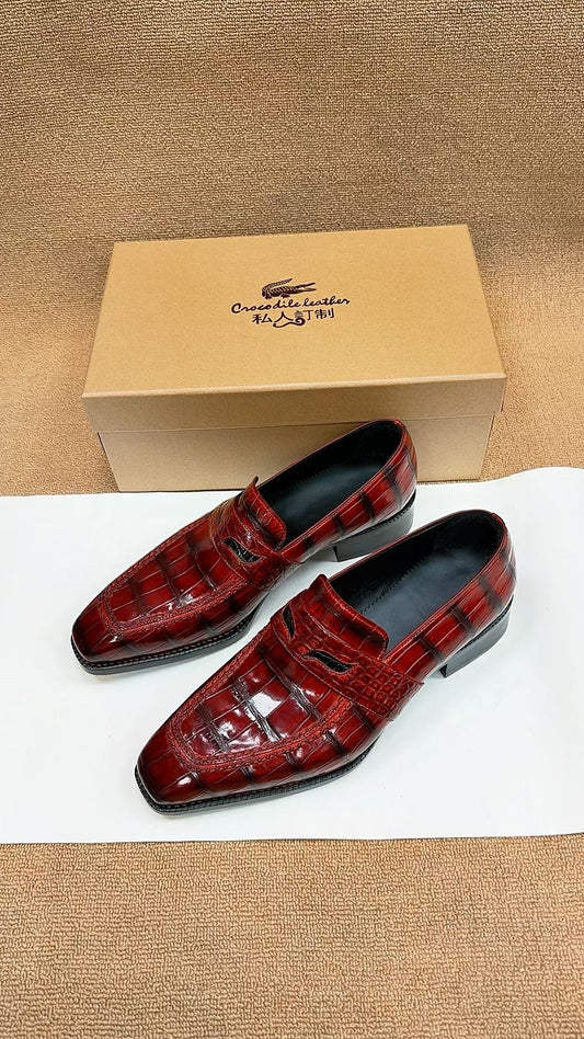 Scarpe in pelle di coccodrillo, mocassini eleganti con cucitura norvegese, rossi e neri
