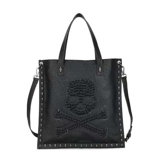 Borsa shopper con teschio borchiato 3D, grande tote bag con teschio borchiato