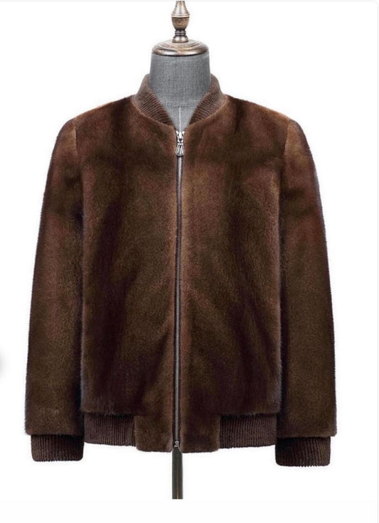 Giacca biker bomber slim fit unisex in pelliccia intera di visone marrone