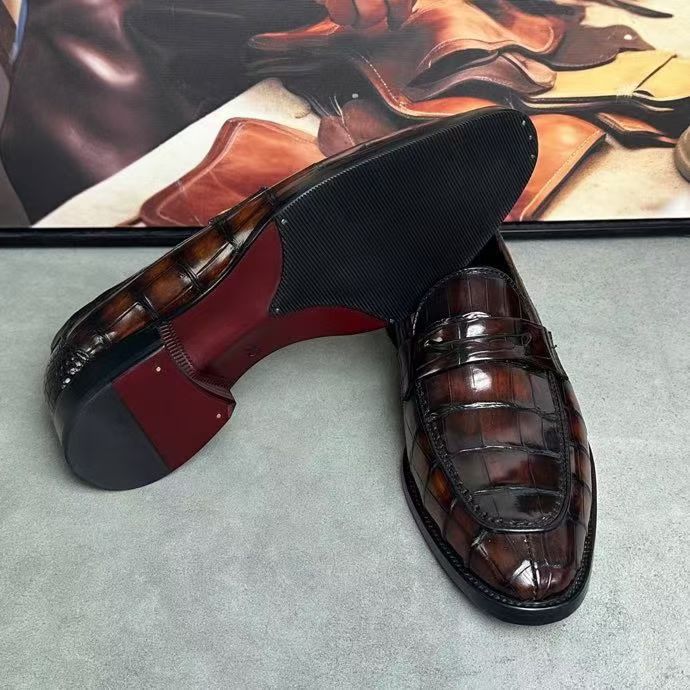 Crocodile Leather Loafer Shoes Vintage Brown