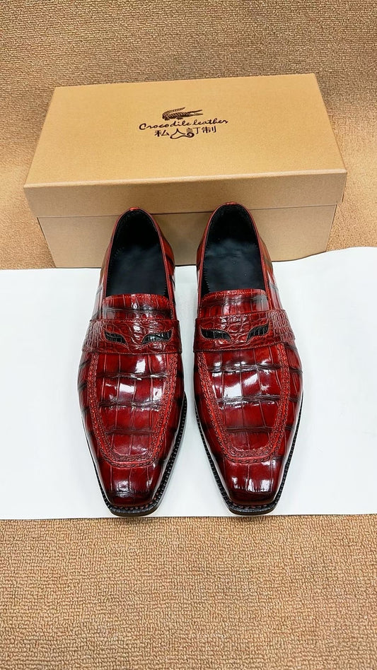 Scarpe in pelle di coccodrillo, mocassini eleganti con cucitura norvegese, rossi e neri
