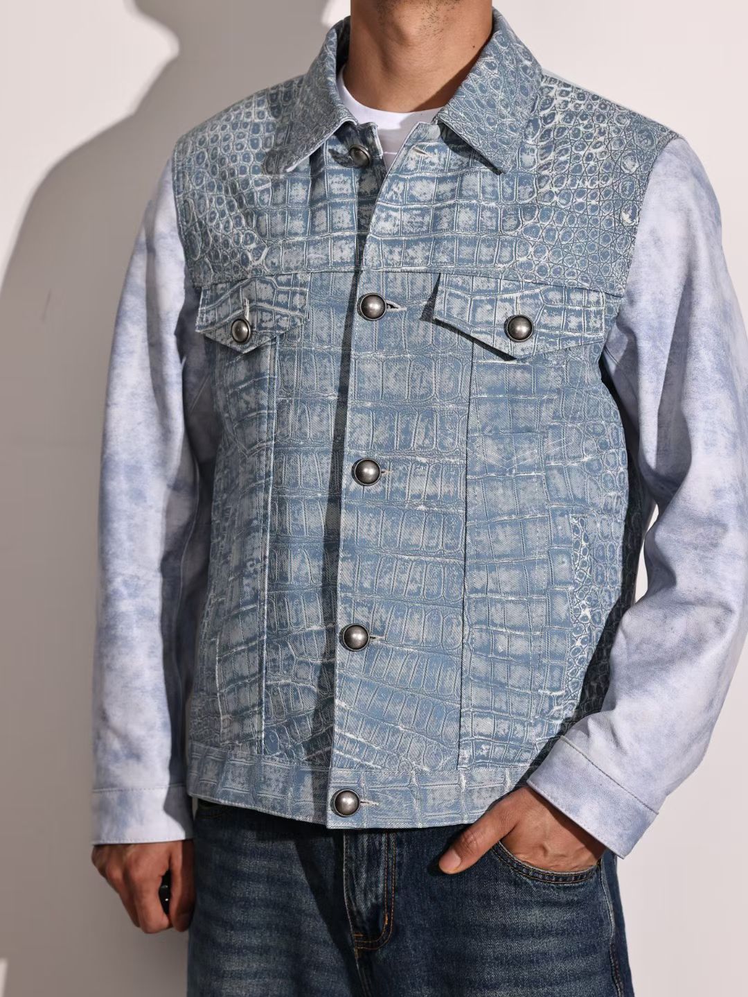 Mens Jackets , Denim Fabric Style Crocodile Skin Leather Jackets