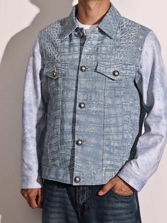 Giacche da uomo, giacche in pelle stile pelle di coccodrillo in tessuto denim