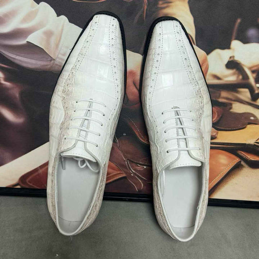 Scarpe da coccodrillo, scarpe eleganti da uomo in pelle di coccodrillo bianca Himalaya con lacci