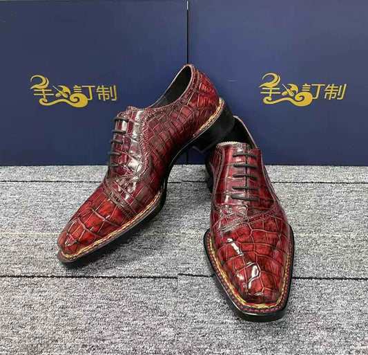 Crocodile Shoes, scarpe da uomo business stringate stile norvegese, bordeaux vintage