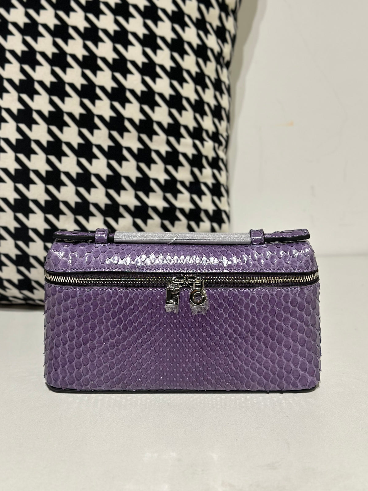 Genuine Python Skin Leather Zipper Cosmetic Handle Bag