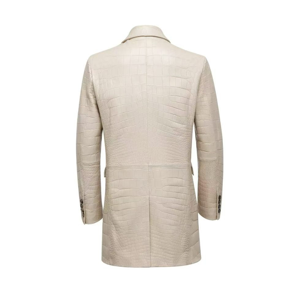 Men's White Crocodile Leather Long Coat