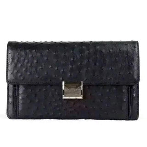 Genuine Ostrich Leather Foldover Clutch Bag/Travel Case Black For Men