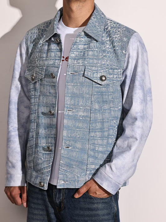 alt
Giacche da uomo, giacche in pelle stile pelle di coccodrillo in tessuto denim