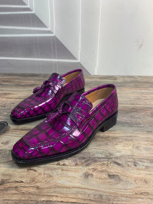Scarpe eleganti stringate in pelle di coccodrillo, color malva vintage, in preordine