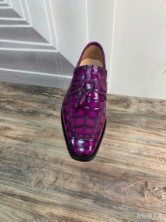 Scarpe eleganti stringate in pelle di coccodrillo, color malva vintage, in preordine