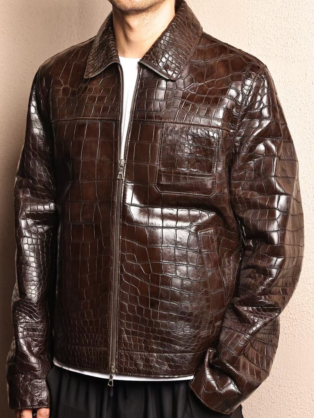 Crocodile Jacket , Men's Crocodile Skin Leather Jacket Brown