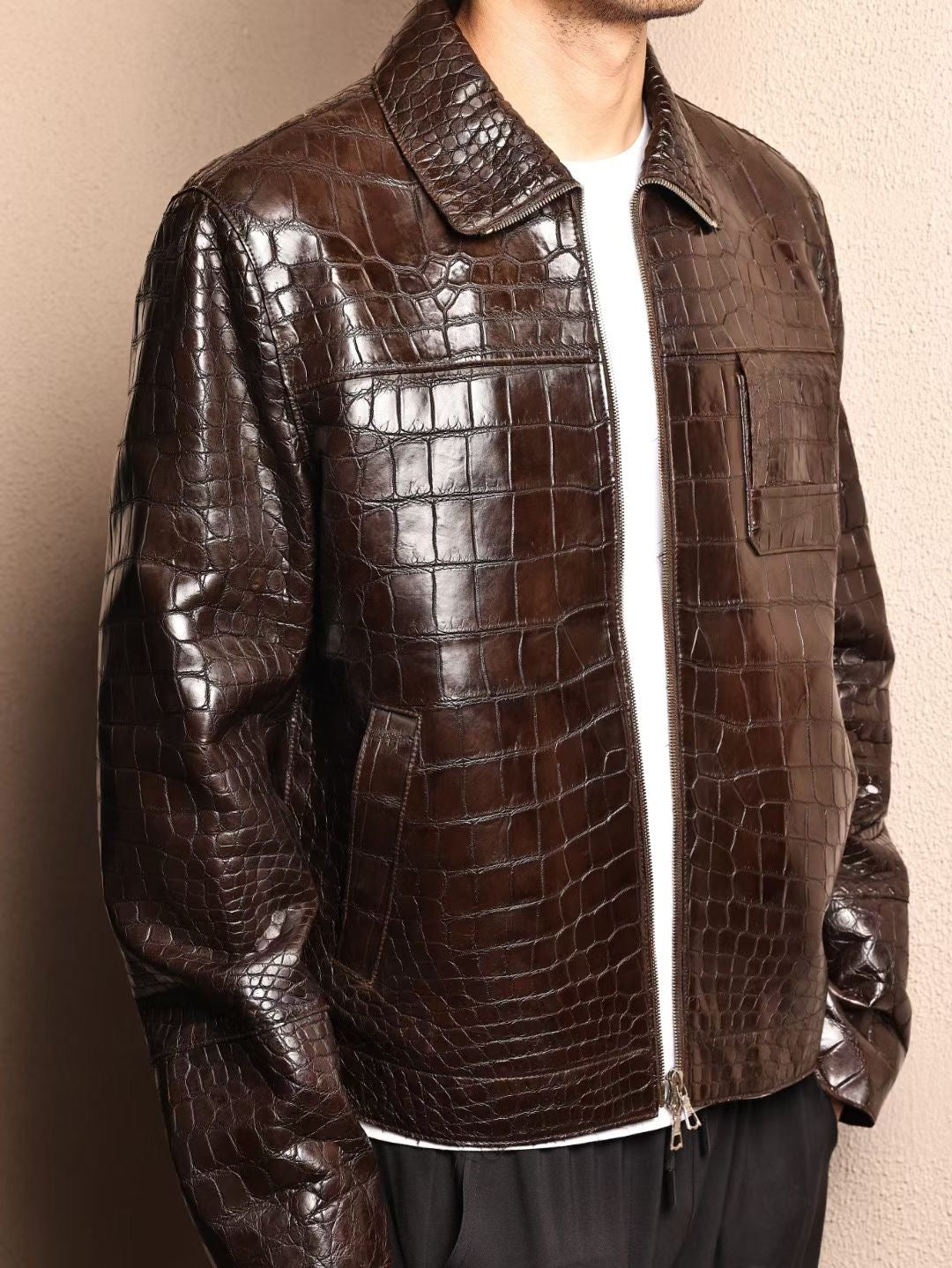 Crocodile Jacket , Men's Crocodile Skin Leather Jacket Brown