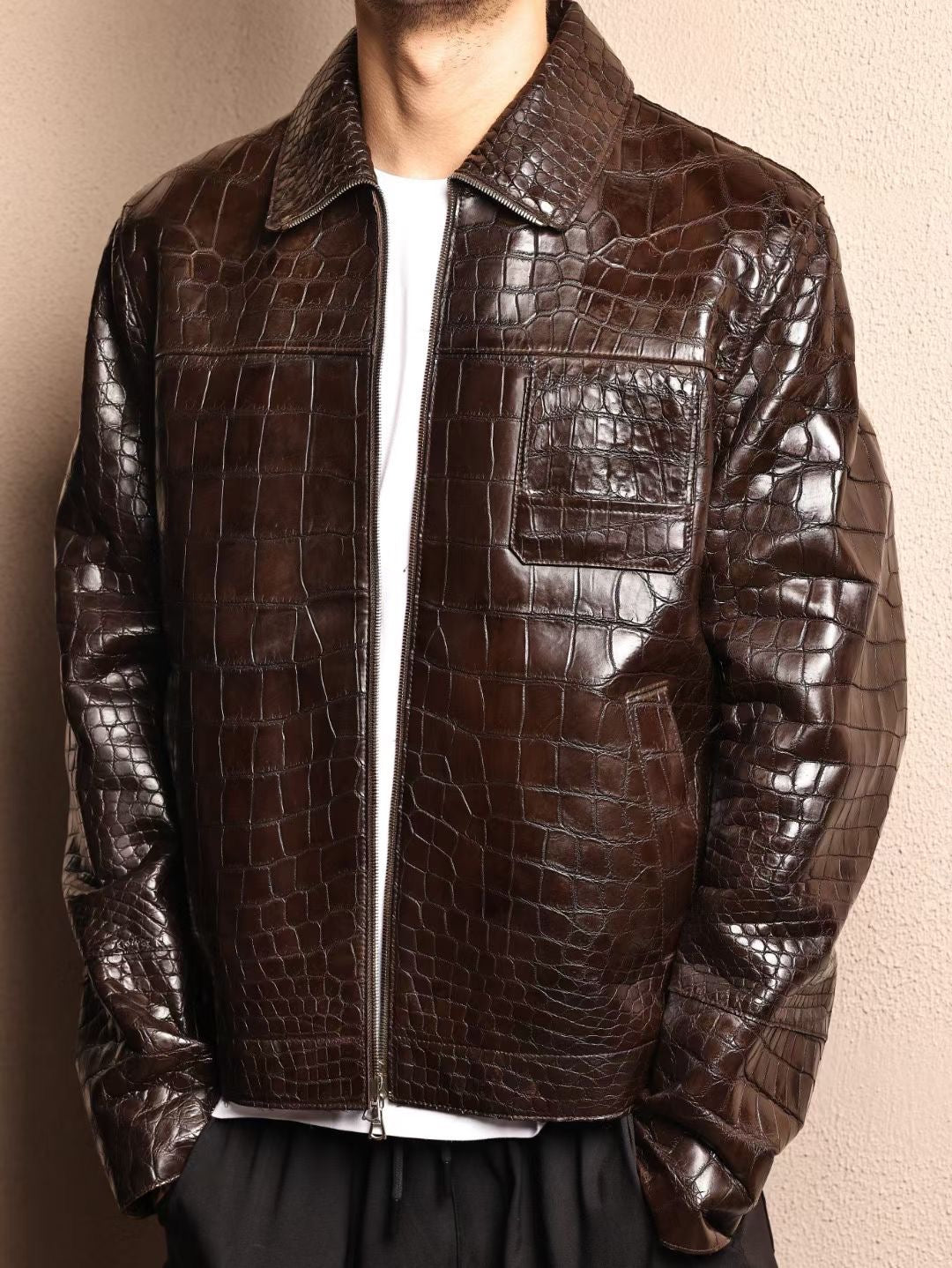 Crocodile Jacket , Men's Crocodile Skin Leather Jacket Brown