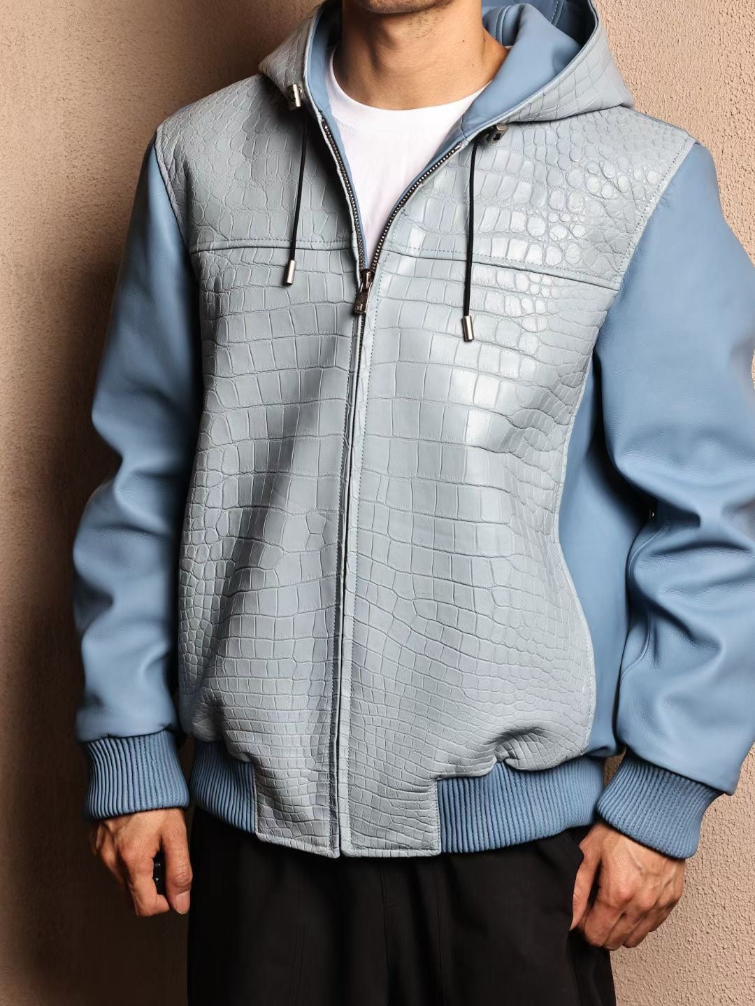 Men's Baby Blue Premium Crocodile Skin Leather Hoodie Jacket , Genuine Lambskin Leather Hoodie