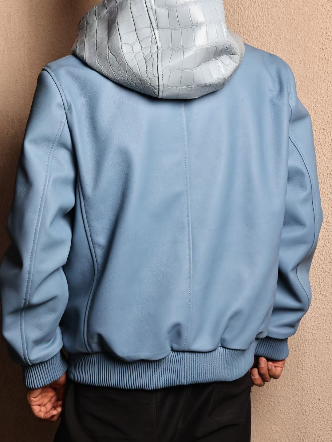 Men's Baby Blue Premium Crocodile Skin Leather Hoodie Jacket , Genuine Lambskin Leather Hoodie