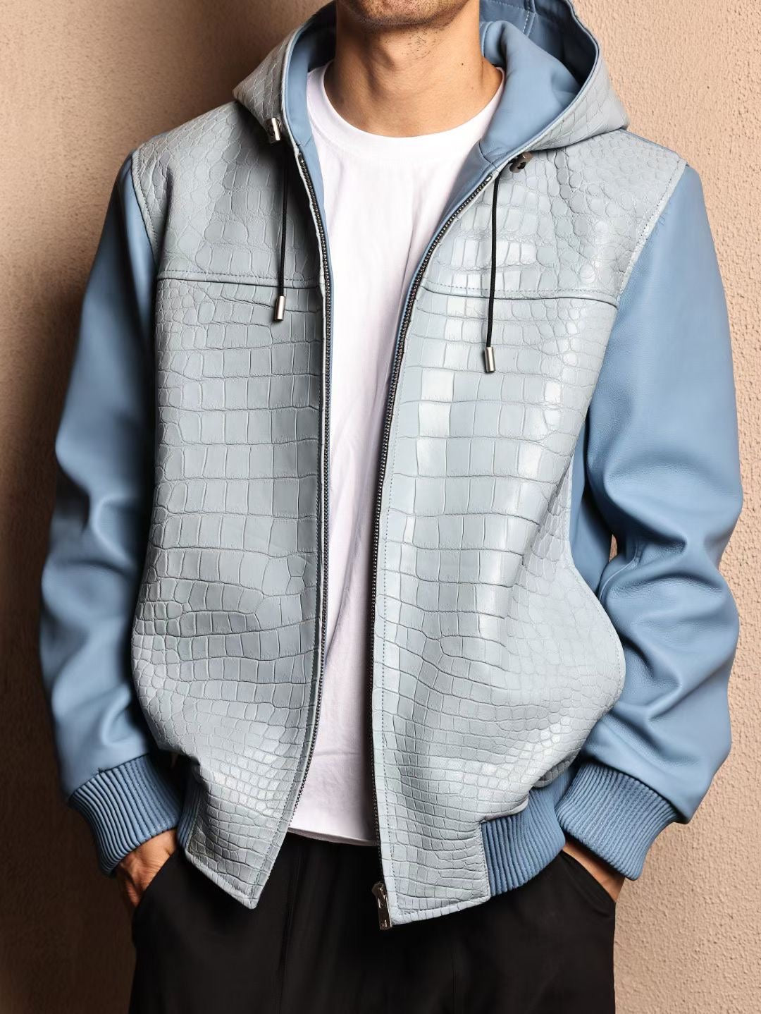 Men's Baby Blue Premium Crocodile Skin Leather Hoodie Jacket , Genuine Lambskin Leather Hoodie