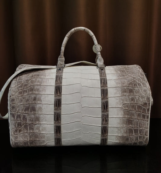 Unisex borsa da viaggio in vera pelle di coccodrillo Himalaya White, borsa weekend da uomo, per pernottamento, sport, palestra e bagaglio a mano medio