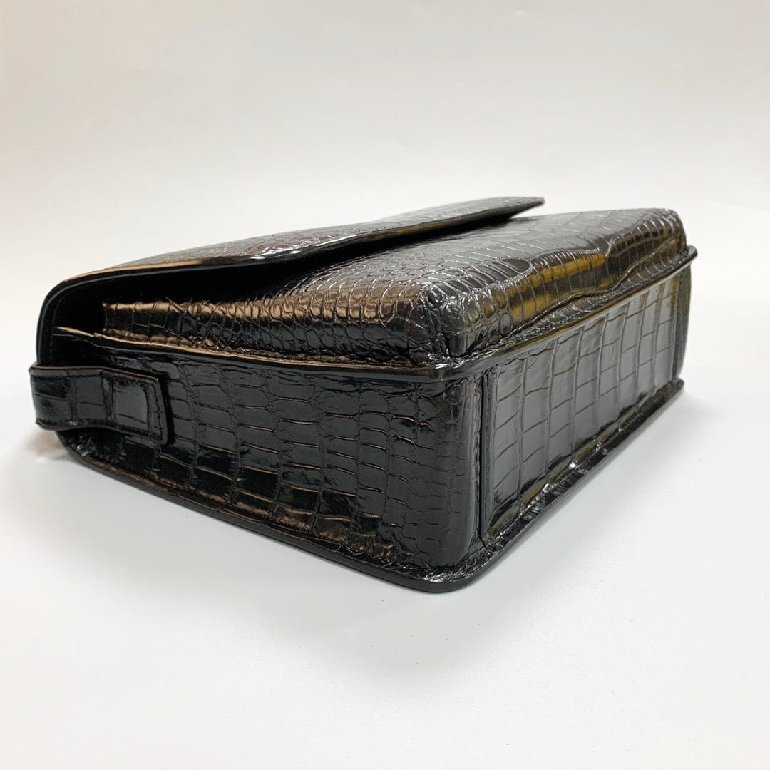 Unisex Genuine Crocodile Skin Leather Messenger Cross Body Bag Black
