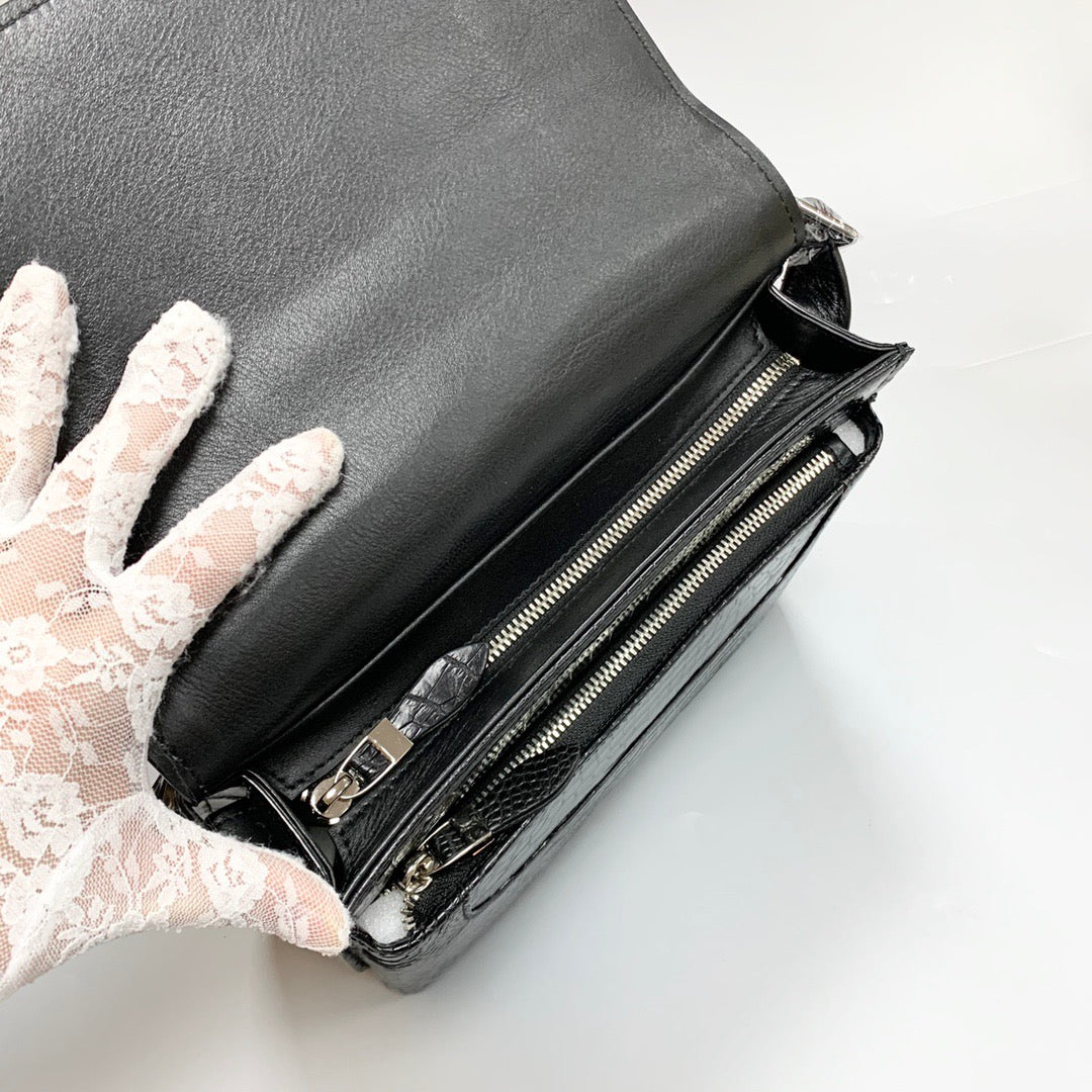 Unisex Genuine Crocodile Skin Leather Messenger Cross Body Bag Black