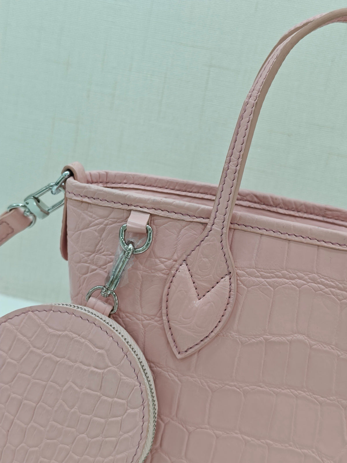 Women's Crocodile Leather Top Handle Bag With Small Round Pouch