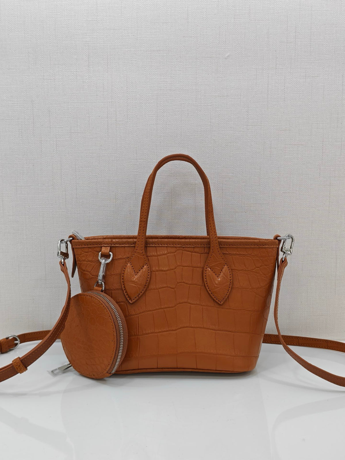 Women's Crocodile Leather Top Handle Bag With Small Round Pouch