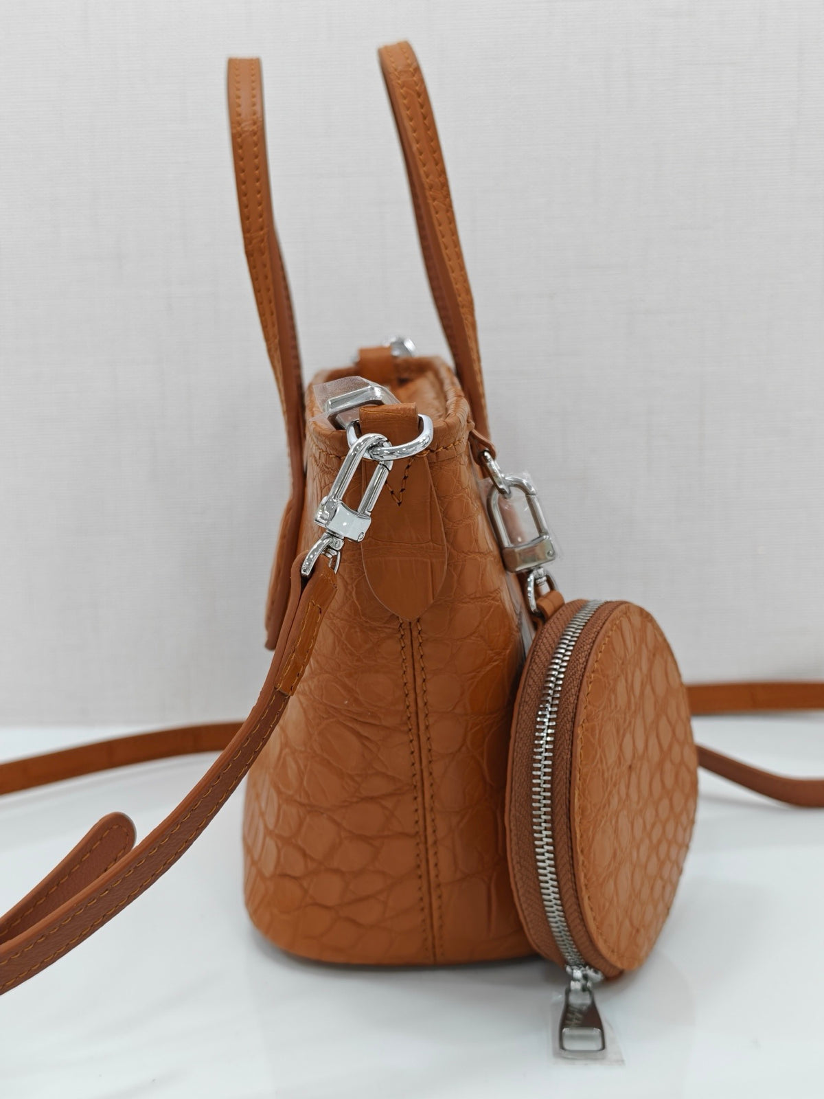 Women's Crocodile Leather Top Handle Bag With Small Round Pouch