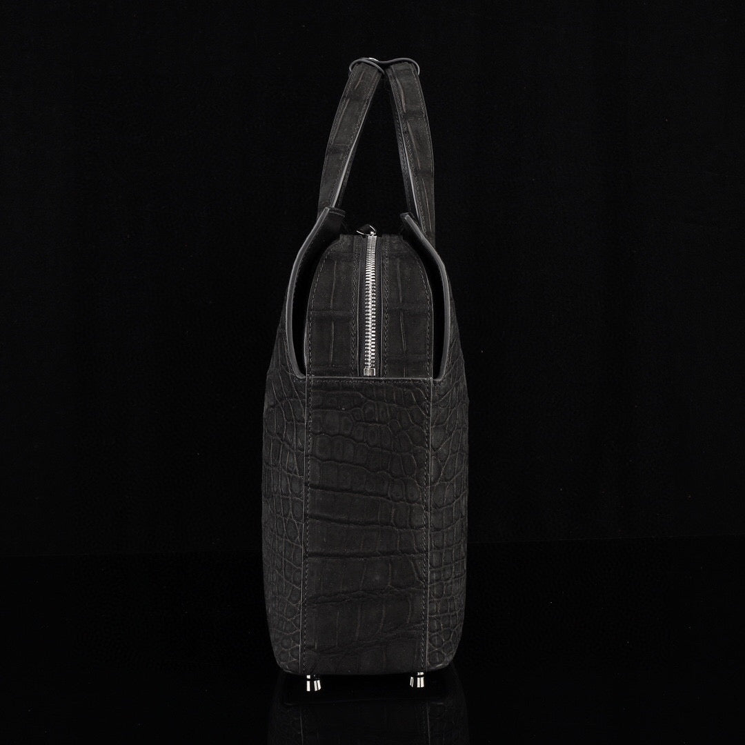 Borsa tote borsone grande nera in vera pelle di coccodrillo levigata con manico superiore