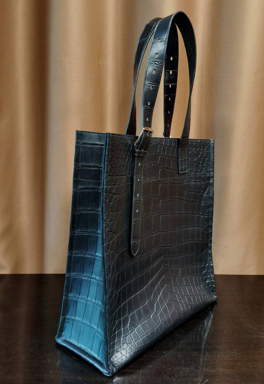 Unisex Black Crocodile Leather Large Shopper Tote Bag
