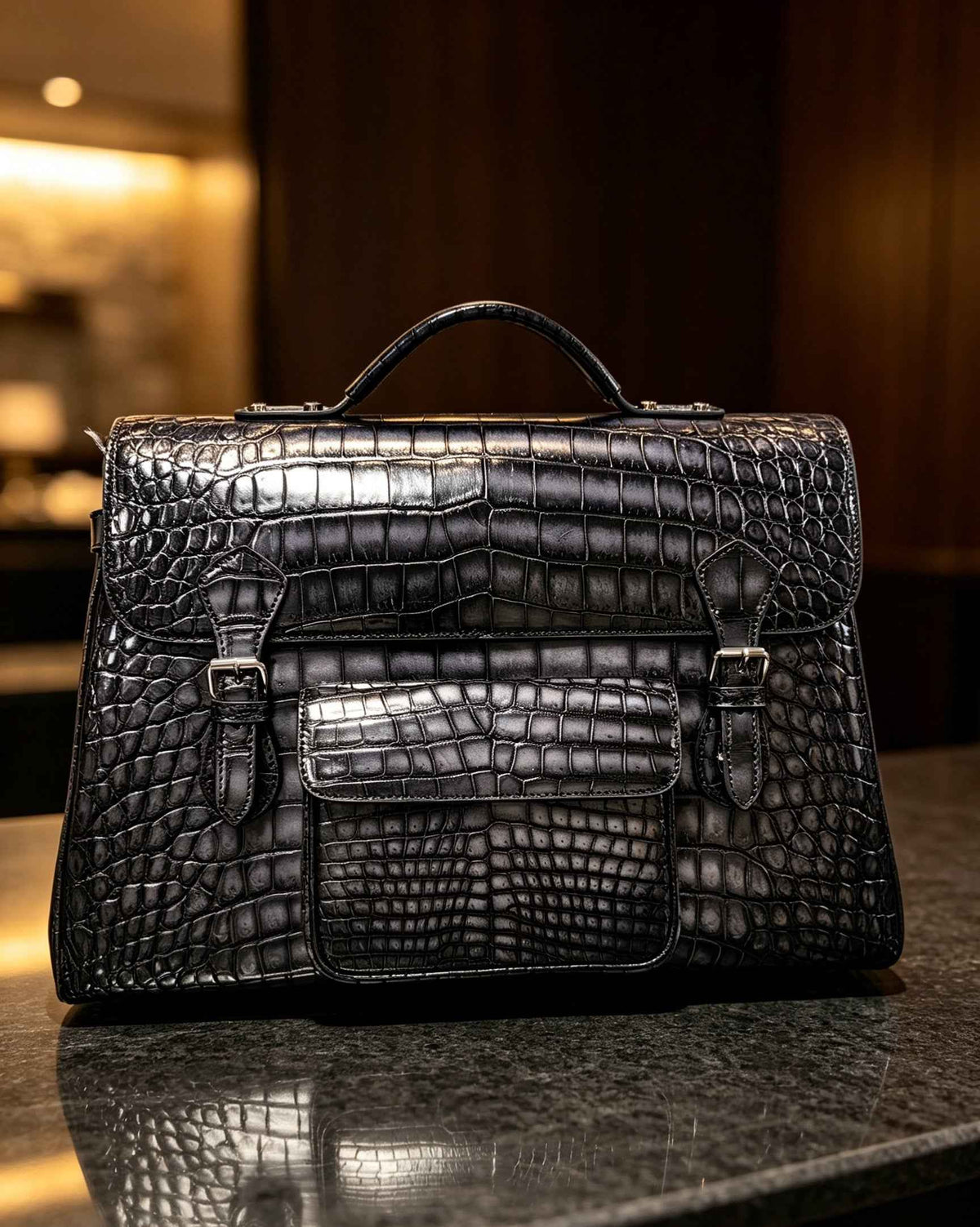 Borsa valigetta grande in vera pelle di coccodrillo, grigio vintage