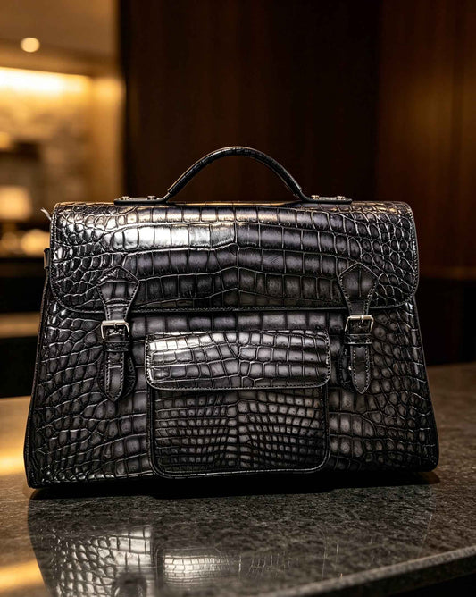 Borsa valigetta grande in vera pelle di coccodrillo, grigio vintage