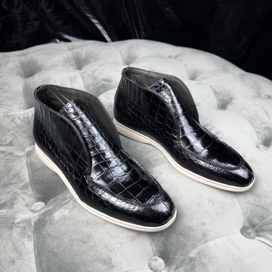 Stivali da uomo in pelle di coccodrillo, modello slip-on, neri