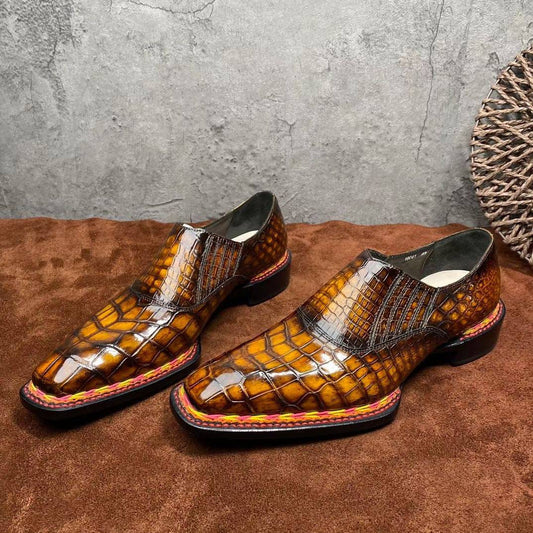 Crocodile Shoes Men's Crocodile Leather Norwegian Stitching Lace Up Dress Shoes Vintage Brown