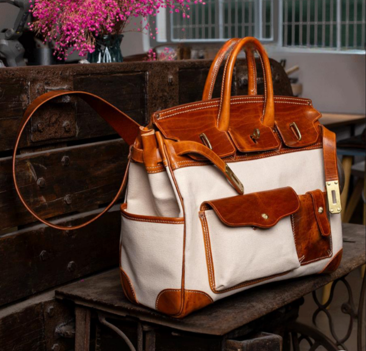 Preorder Womens Genuine Crocodile Skin Top Handle Canvas Bag Large