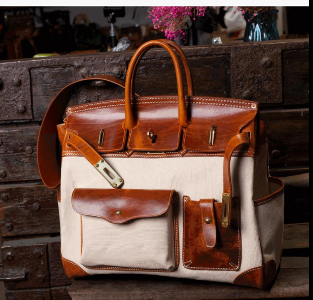 Preorder Womens Genuine Crocodile Skin Top Handle Canvas Bag Large