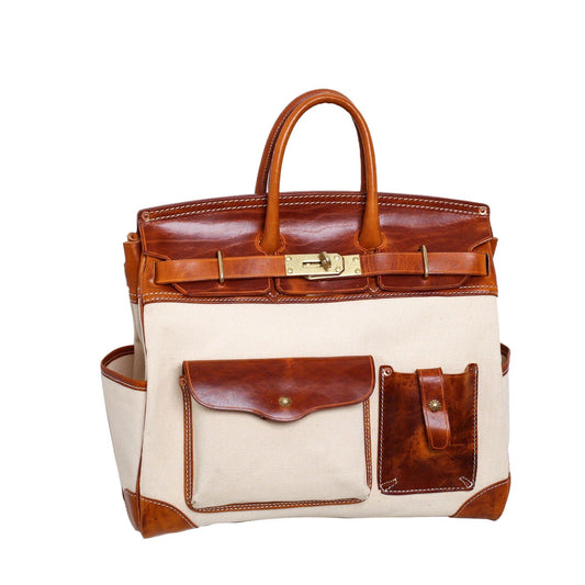 alt
Borsa unisex oversize in vera pelle vintage effetto oil wax con manici superiori e canvas