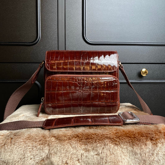Borsa a tracolla in vera pelle di coccodrillo lucida