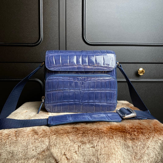Borsa a tracolla e a spalla in vera pelle di coccodrillo lucida blu