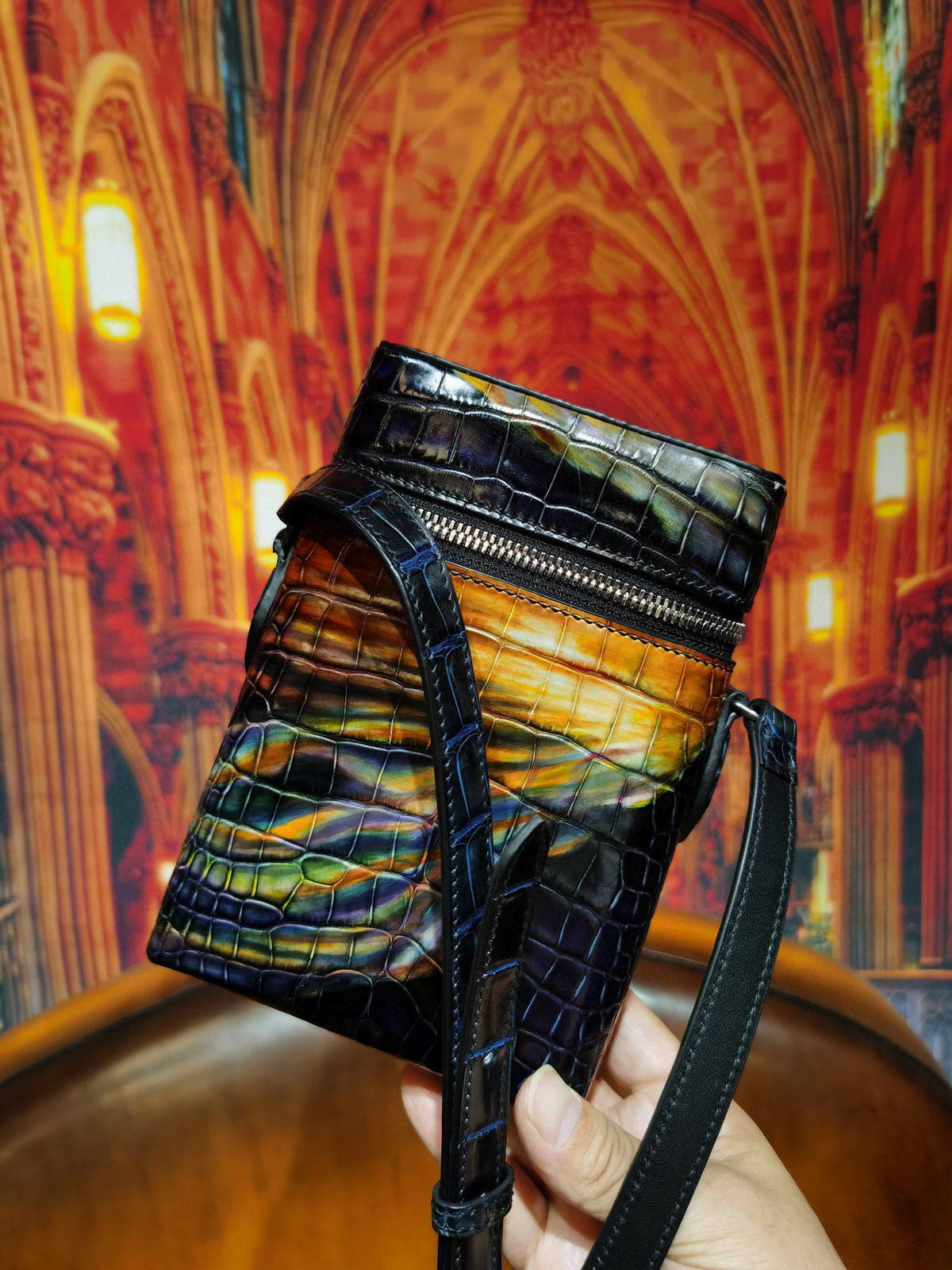 Rossie Viren genuine crocodile skin leather clutch bag with sleek design and textured crocodile pattern, perfect for camera or phone storage.