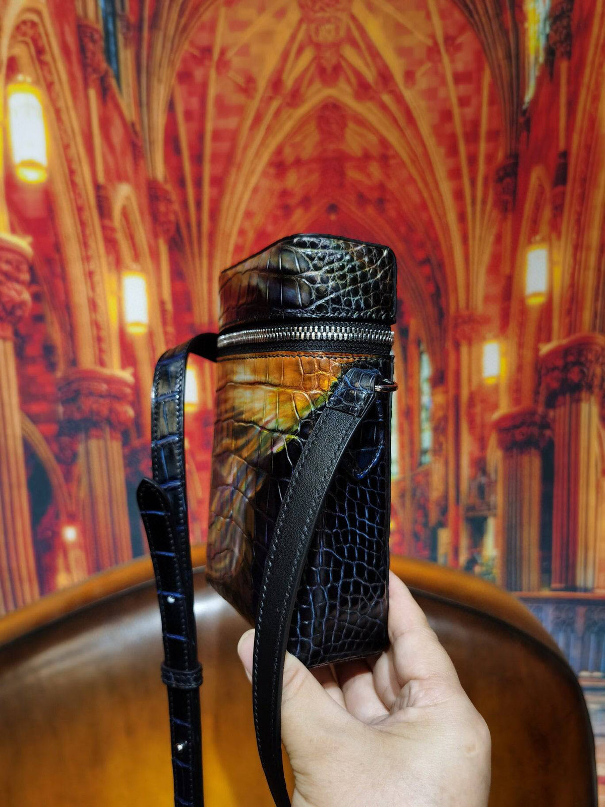 Rossie Viren genuine crocodile skin leather clutch bag with textured crocodile pattern, designed for phones and small essentials.